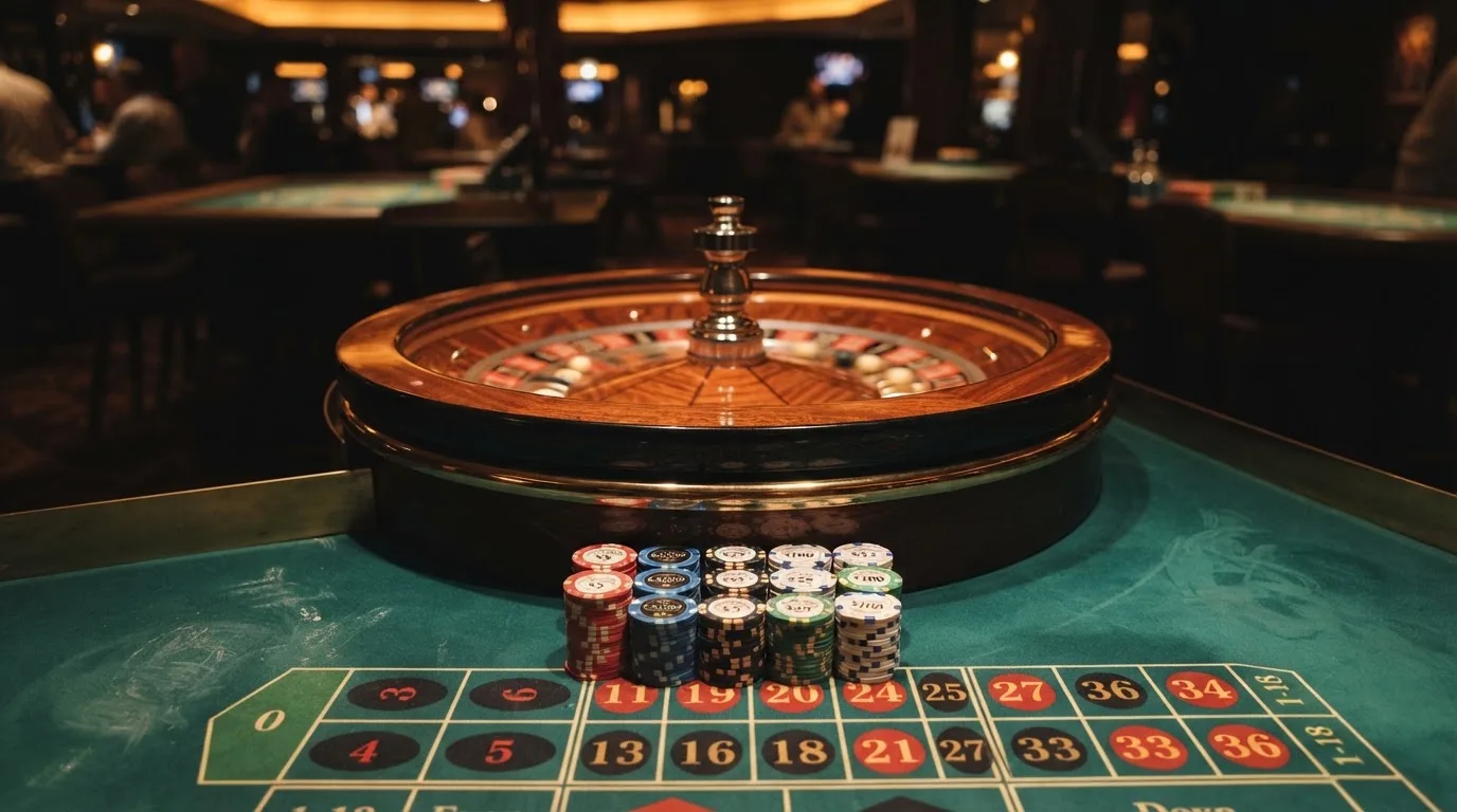 Roulettehjul och spelmarker på grön filt i varmt kvällsljus — 10 euro casino i sverige