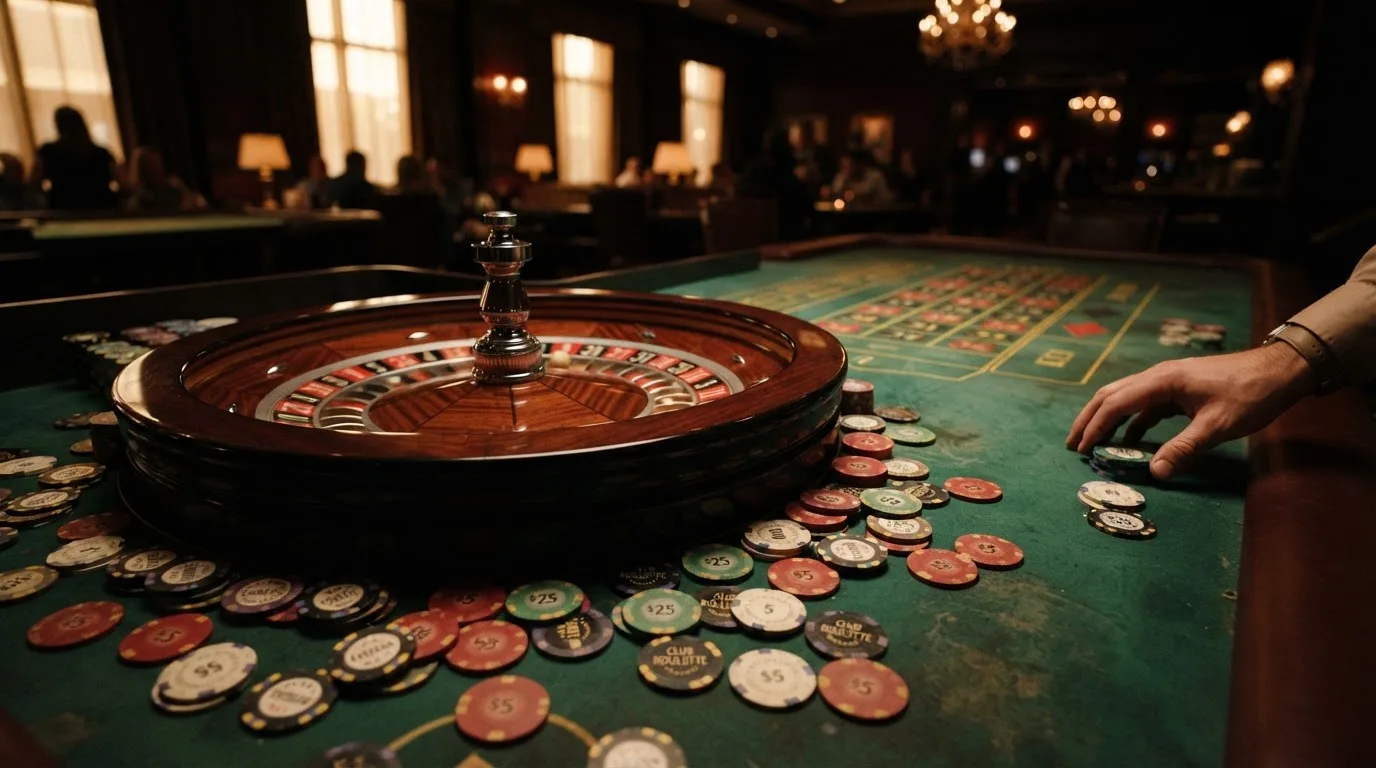 Roulettehjul och spelmarker på grön filt i varmt kvällsljus — 10 free spins casino i sverige