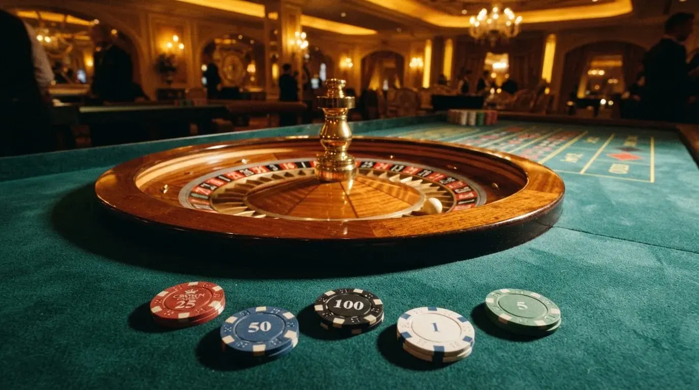 Roulettehjul och spelmarker på grön filt i varmt kvällsljus — 10 kr casino i sverige