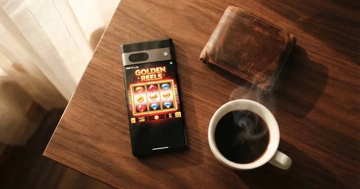 Mobiltelefon på ett träbord bredvid en plånbok och en kopp kaffe — 10 kr casino i sverige