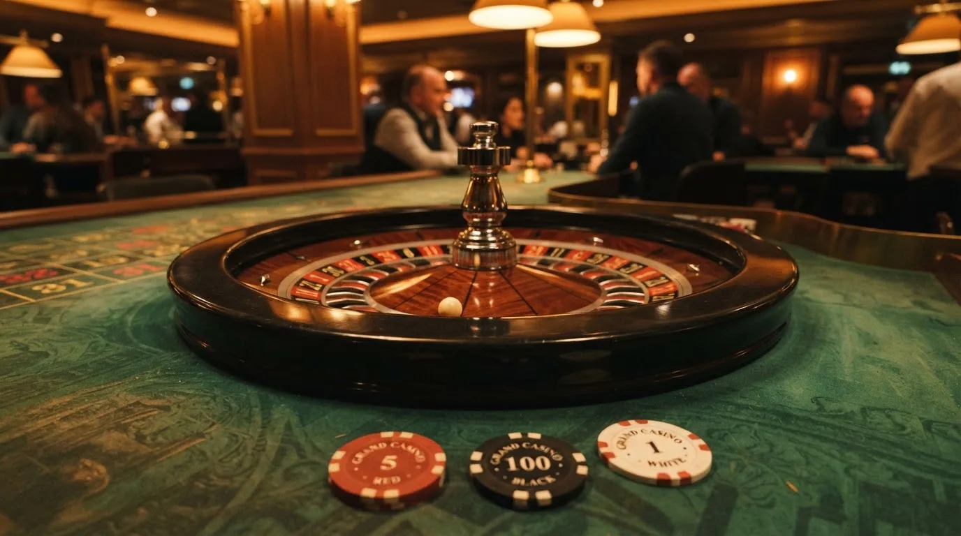 Roulettehjul och spelmarker på grön filt i varmt kvällsljus — 100 euro casino i sverige