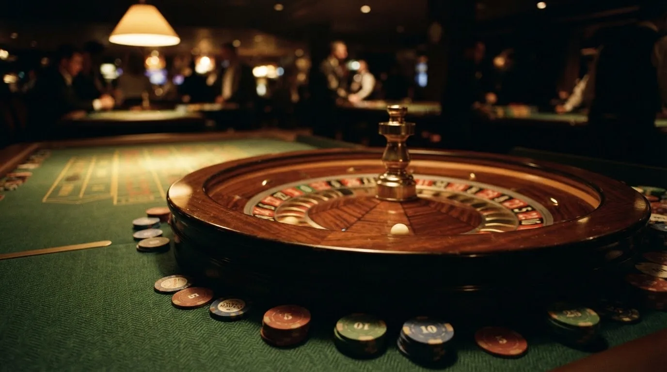 Roulettehjul och spelmarker på grön filt i varmt kvällsljus — 100 free spins casino i sverige