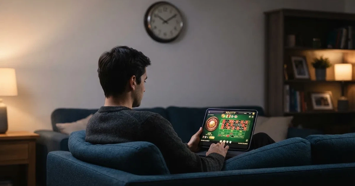 Person i en soffa ser eftertänksamt på en surfplatta, en klocka på väggen bakom — 100 free spins casino i sverige
