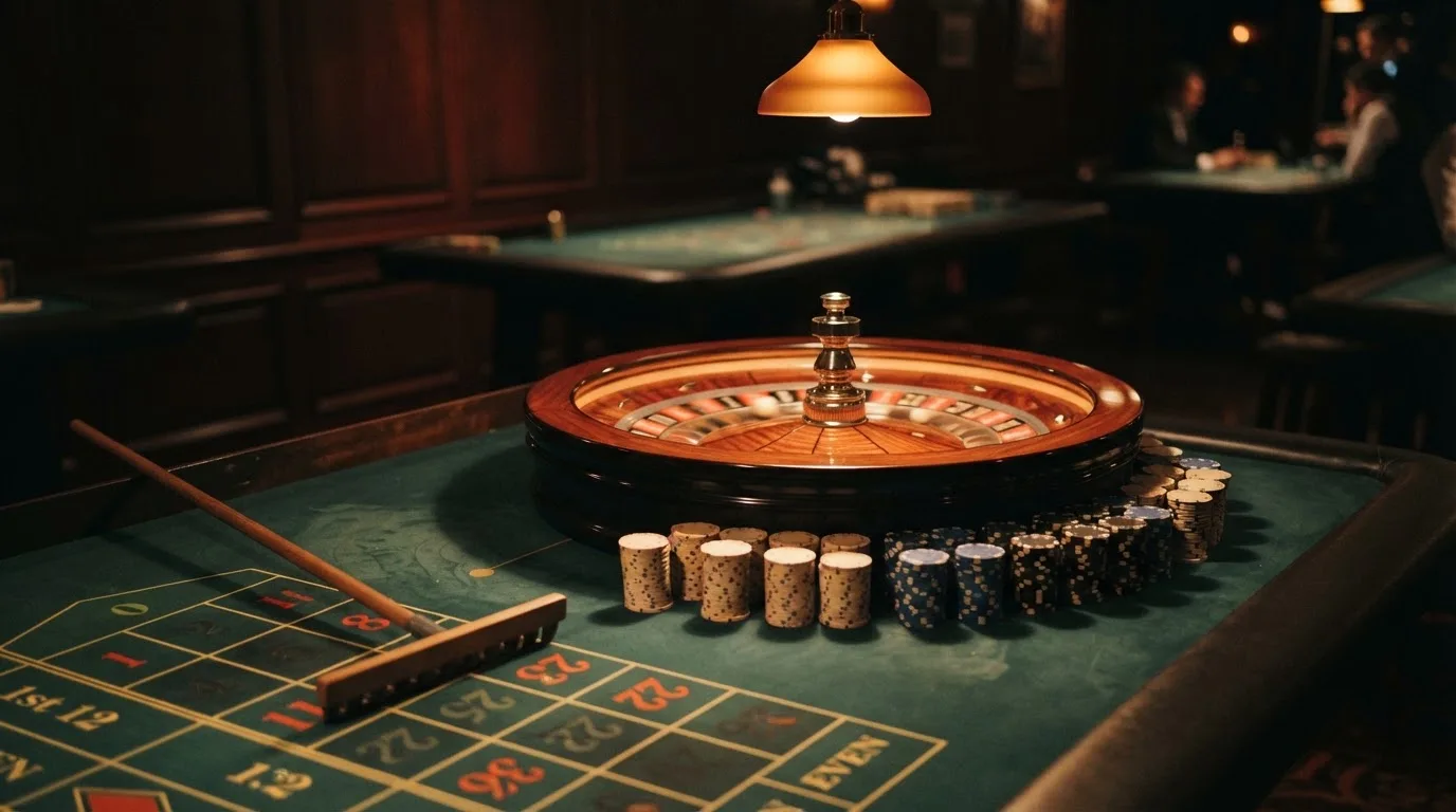 Roulettehjul och spelmarker på grön filt i varmt kvällsljus — 100 kr casino i sverige