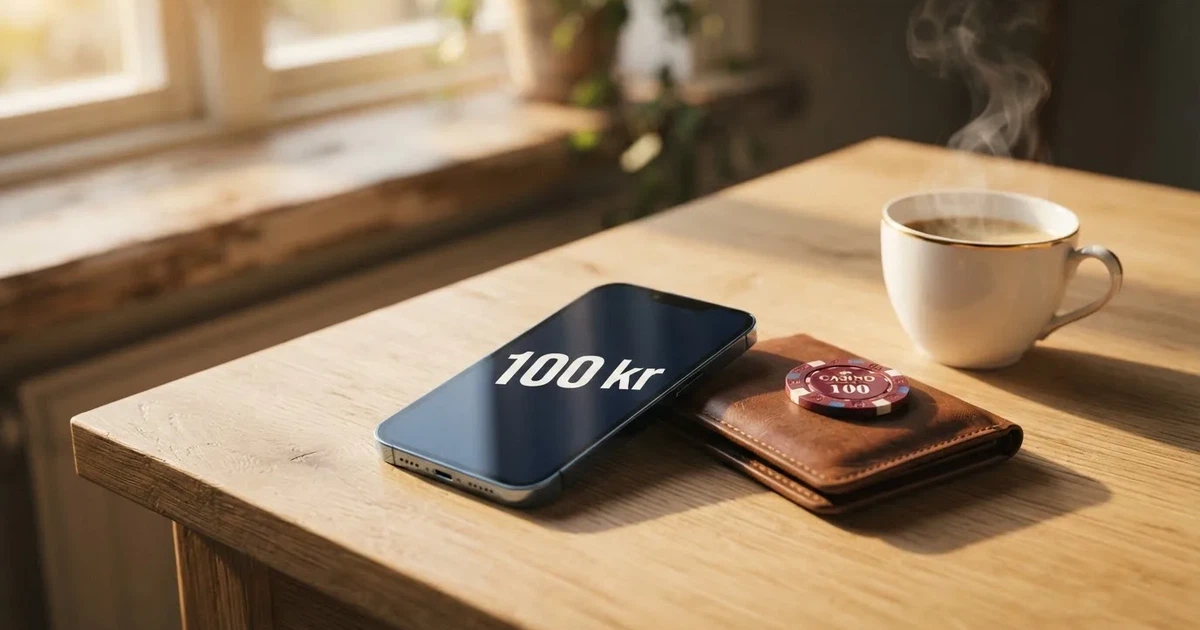 Mobiltelefon på ett träbord bredvid en plånbok och en kopp kaffe — 100 kr casino i sverige