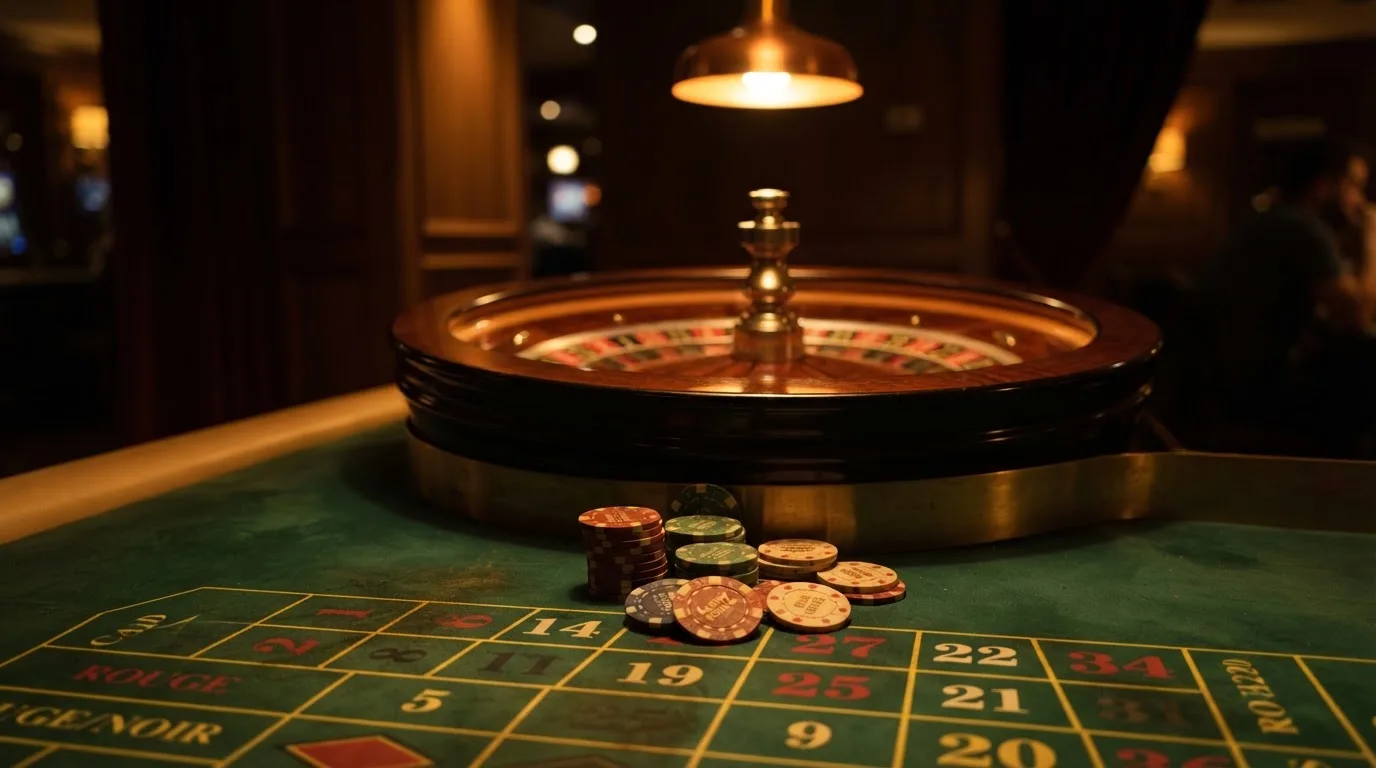 Roulettehjul och spelmarker på grön filt i varmt kvällsljus — 150 free spins casino i sverige
