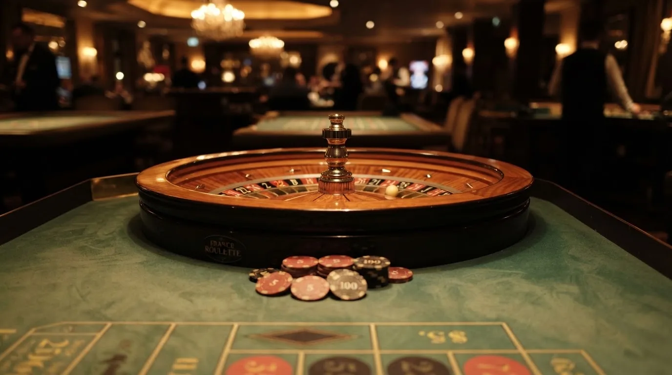 Roulettehjul och spelmarker på grön filt i varmt kvällsljus — 150 kr casino i sverige