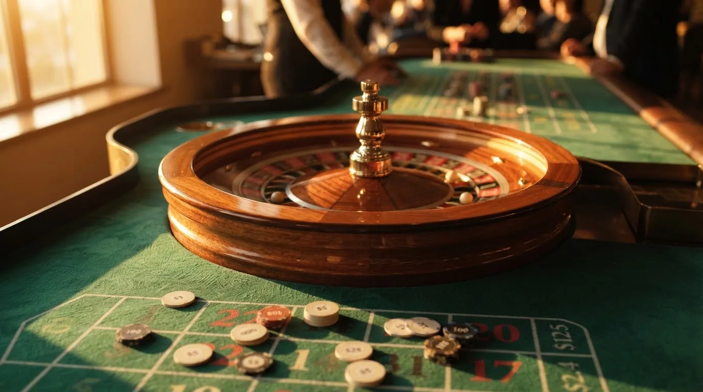 Roulettehjul och spelmarker på grön filt i varmt kvällsljus — bästa blackjack i sverige