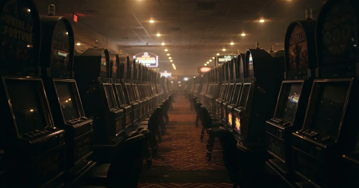 Rader av tomma spelautomater med släckta skärmar står uppställda i ett dimmat rum, fotograferat snett från sidan.