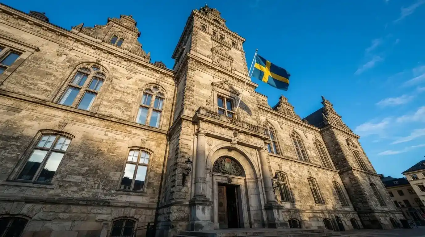 Ett gammalt stadshus i sten fotograferat underifrån mot en klarblå himmel, med den svenska flaggan som fladdrar ovanför entrén.