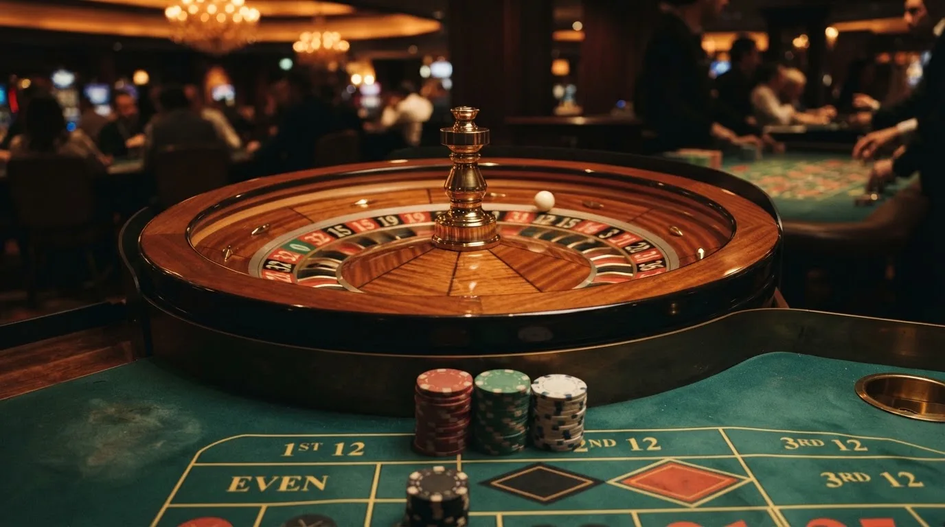Roulettehjul och spelmarker på grön filt i varmt kvällsljus — blackjack gratis i sverige
