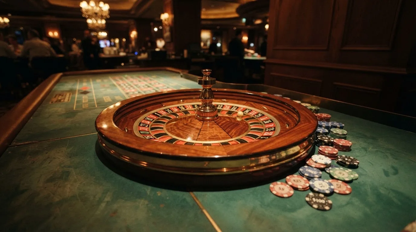 Roulettehjul och spelmarker på grön filt i varmt kvällsljus — blackjack med live dealer i sverige