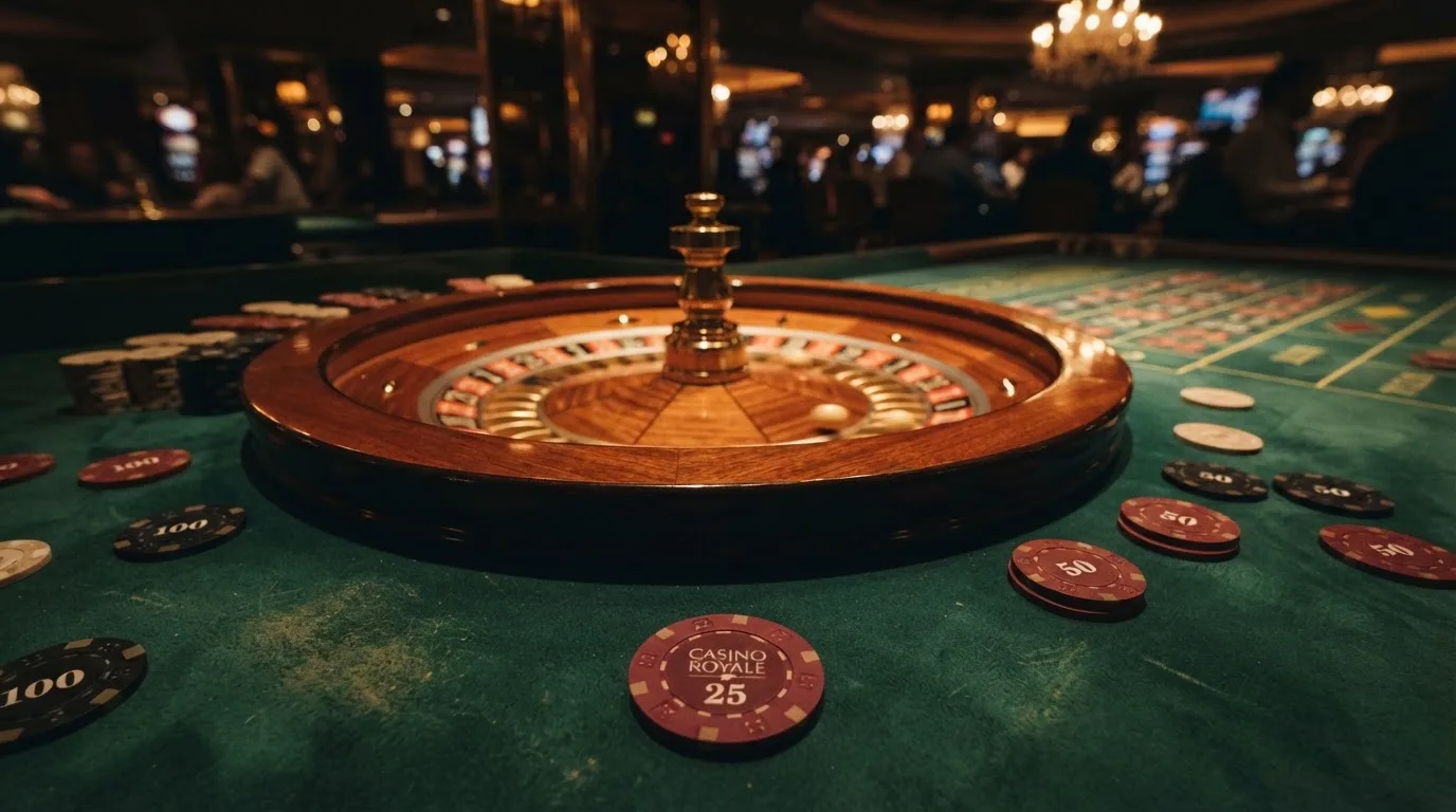 Roulettehjul och spelmarker på grön filt i varmt kvällsljus — blackjack på nätet i sverige