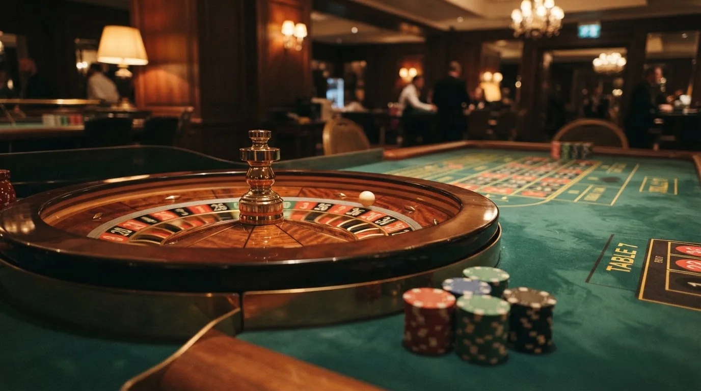 Roulettehjul och spelmarker på grön filt i varmt kvällsljus — bra svenska casinon