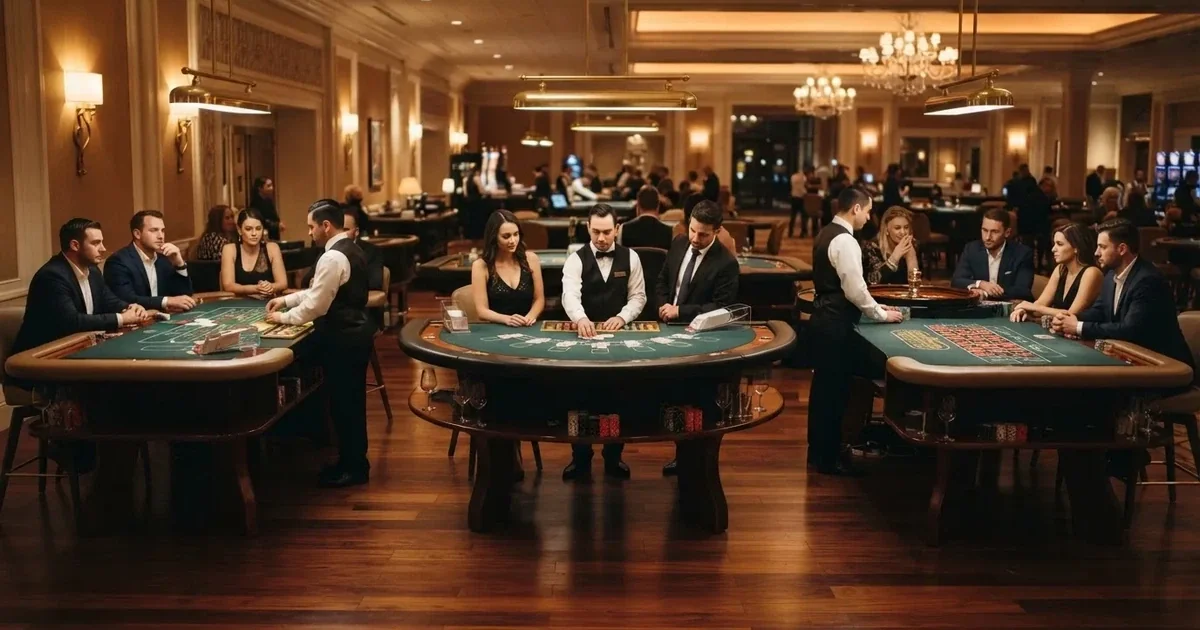 Tre olika spelbord bredvid varandra i en lugn, varmt upplyst spelsal — bra svenska casinon
