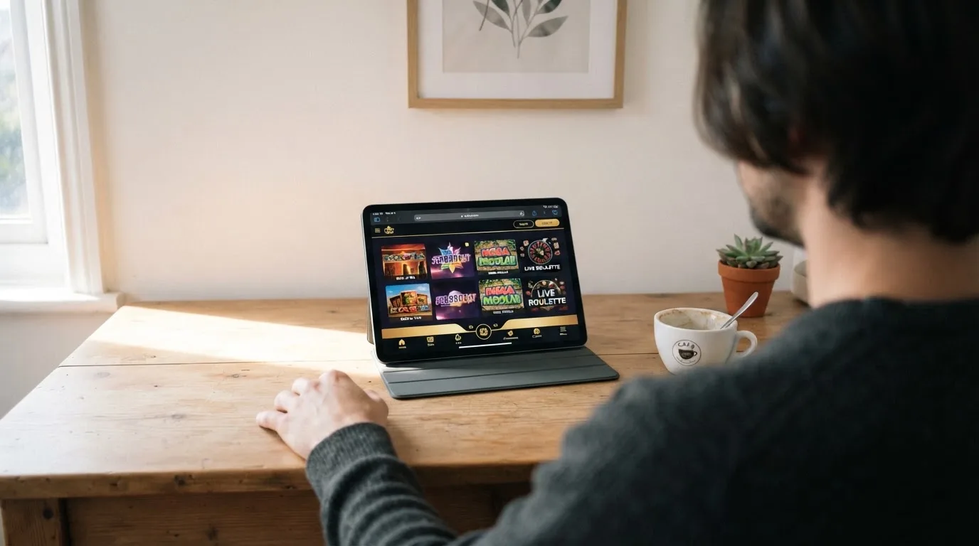 En person sitter vid ett skrivbord hemma med en surfplatta nedvänd bredvid en kopp kaffe i morgonljus.