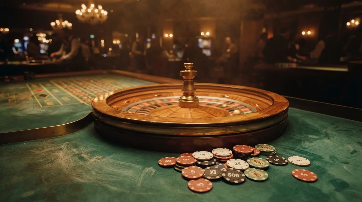 Roulettehjul och spelmarker på grön filt i varmt kvällsljus — casino regler för svenskar