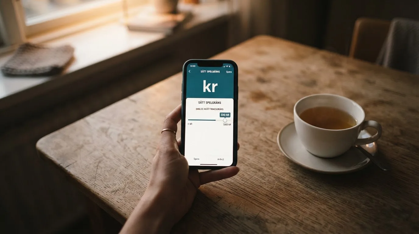 Hand håller en mobiltelefon bredvid en kopp te vid ett köksbord en lugn kväll — casino regler för svenskar
