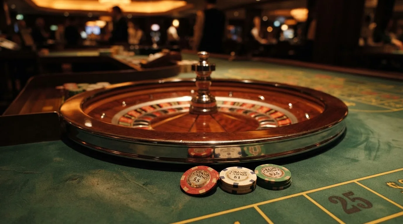 Roulettehjul och spelmarker på grön filt i varmt kvällsljus — casinon med bankid i sverige