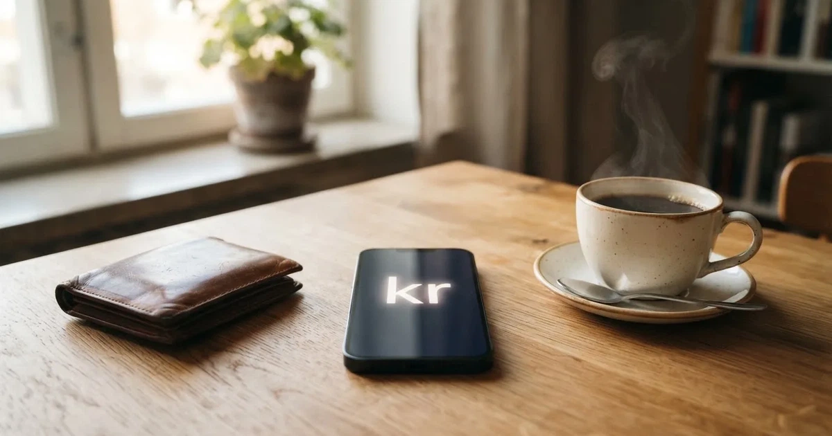 Mobiltelefon på ett träbord bredvid en plånbok och en kopp kaffe — casinon med bankid i sverige