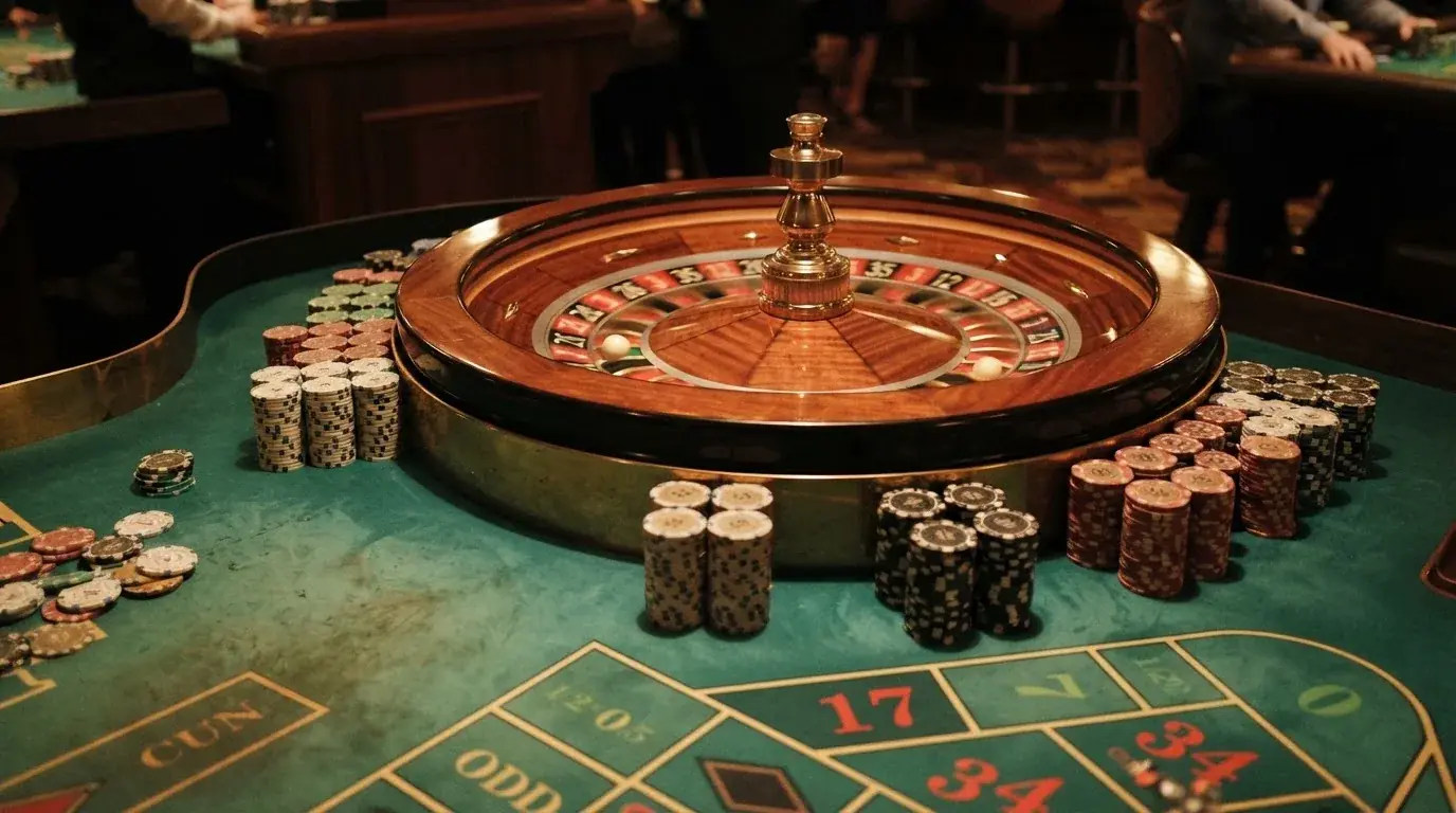 Roulettehjul och spelmarker på grön filt i varmt kvällsljus — casinon med curaçao licens