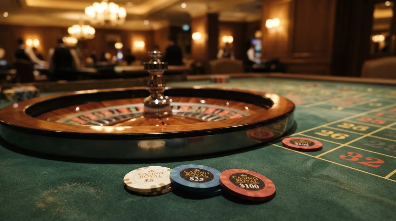 Roulettehjul och spelmarker på grön filt i varmt kvällsljus — casinon med jackpot i sverige