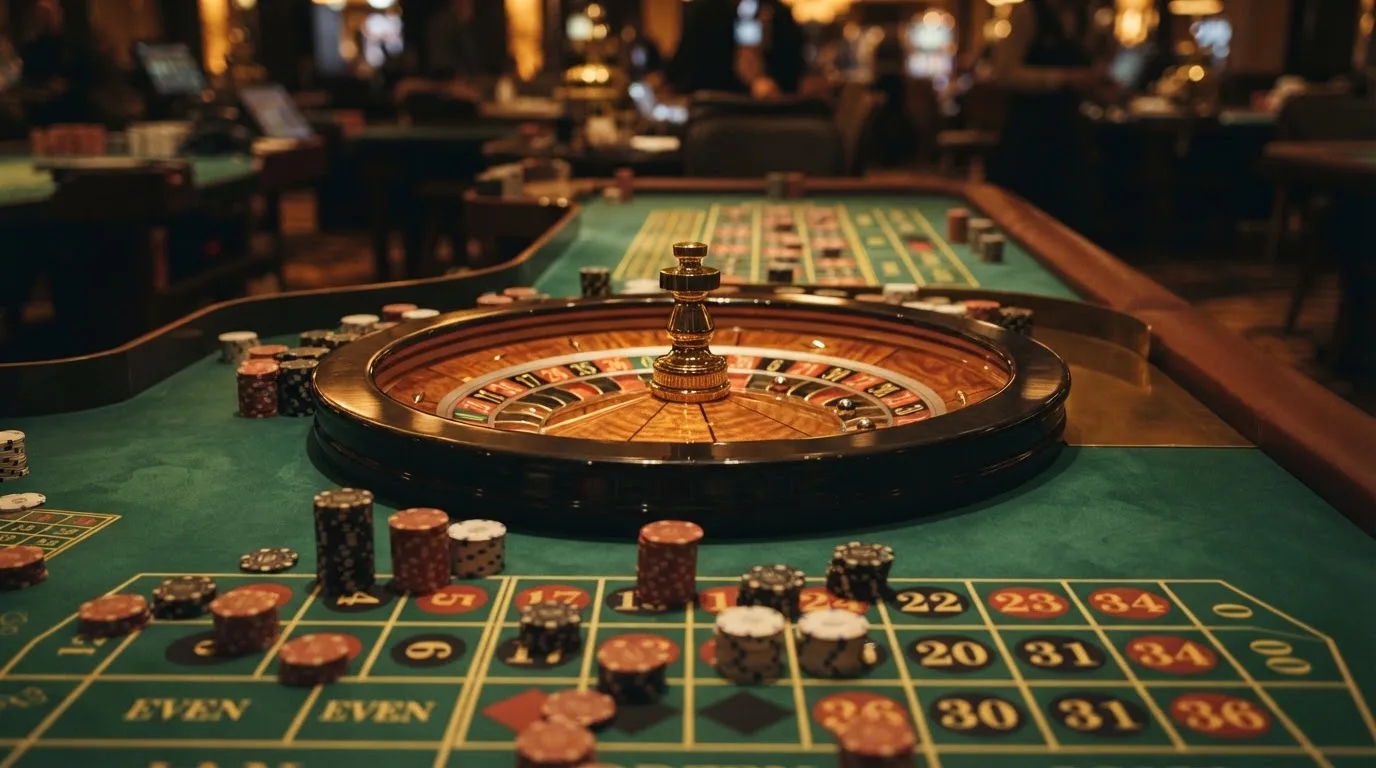 Roulettehjul och spelmarker på grön filt i varmt kvällsljus — casinon med slots i sverige