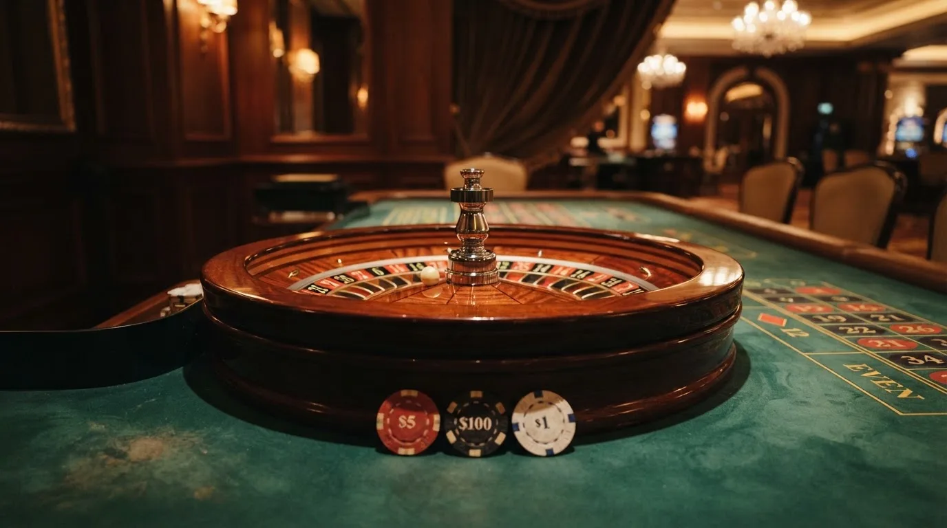 Roulettehjul och spelmarker på grön filt i varmt kvällsljus — casinon med uttag i sverige