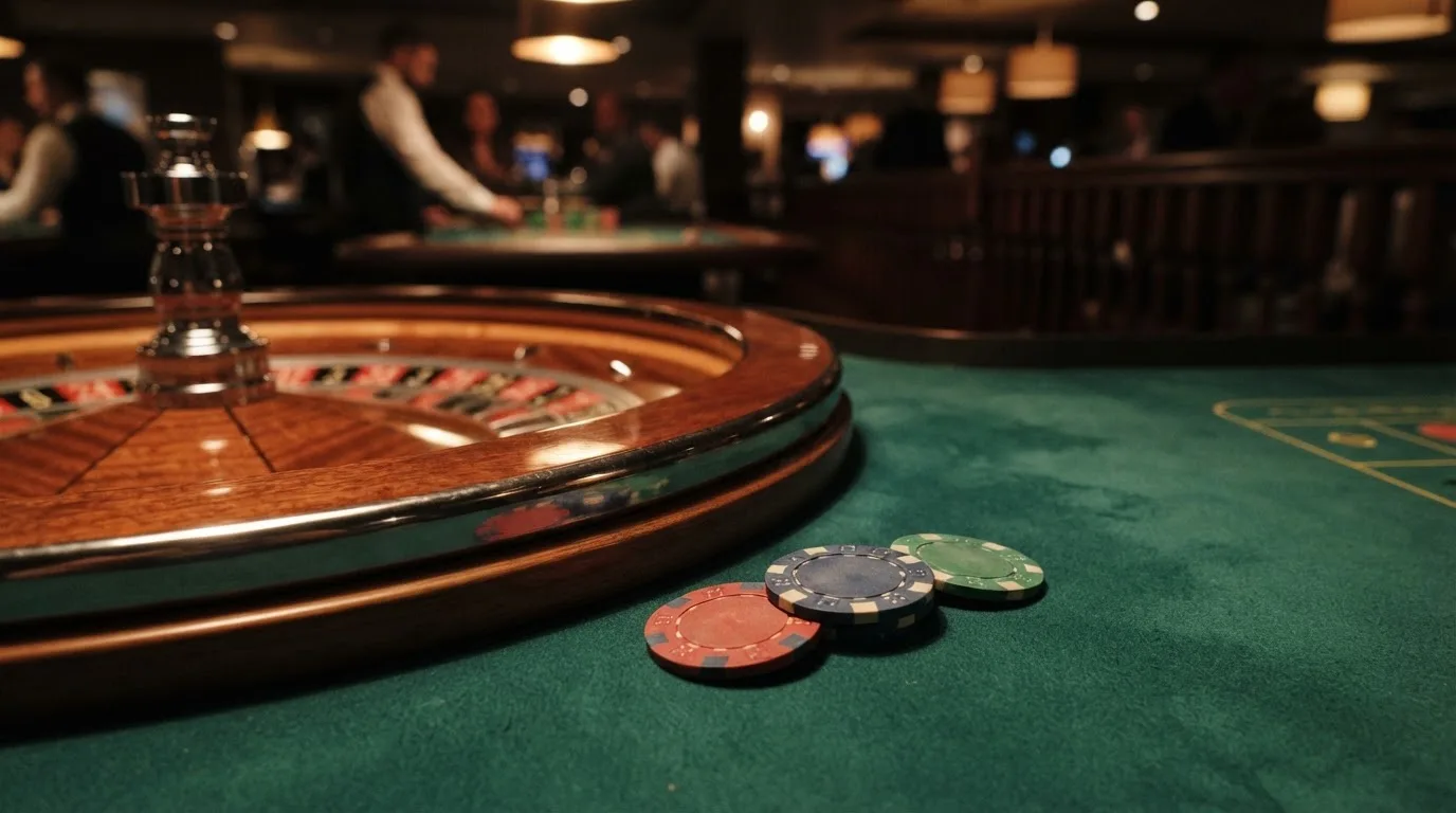 Roulettehjul och spelmarker på grön filt i varmt kvällsljus — casinon utan bankid i sverige