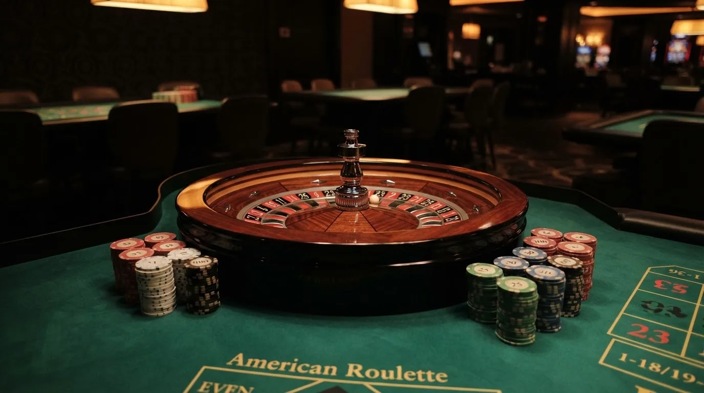Roulettehjul och spelmarker på grön filt i varmt kvällsljus — casinon utan spelgräns i sverige