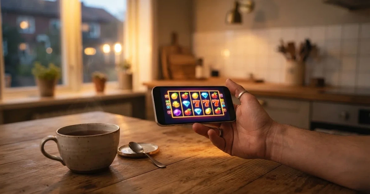 Hand håller en mobiltelefon bredvid en kopp te vid ett köksbord en lugn kväll — casinon utan spelgräns i sverige