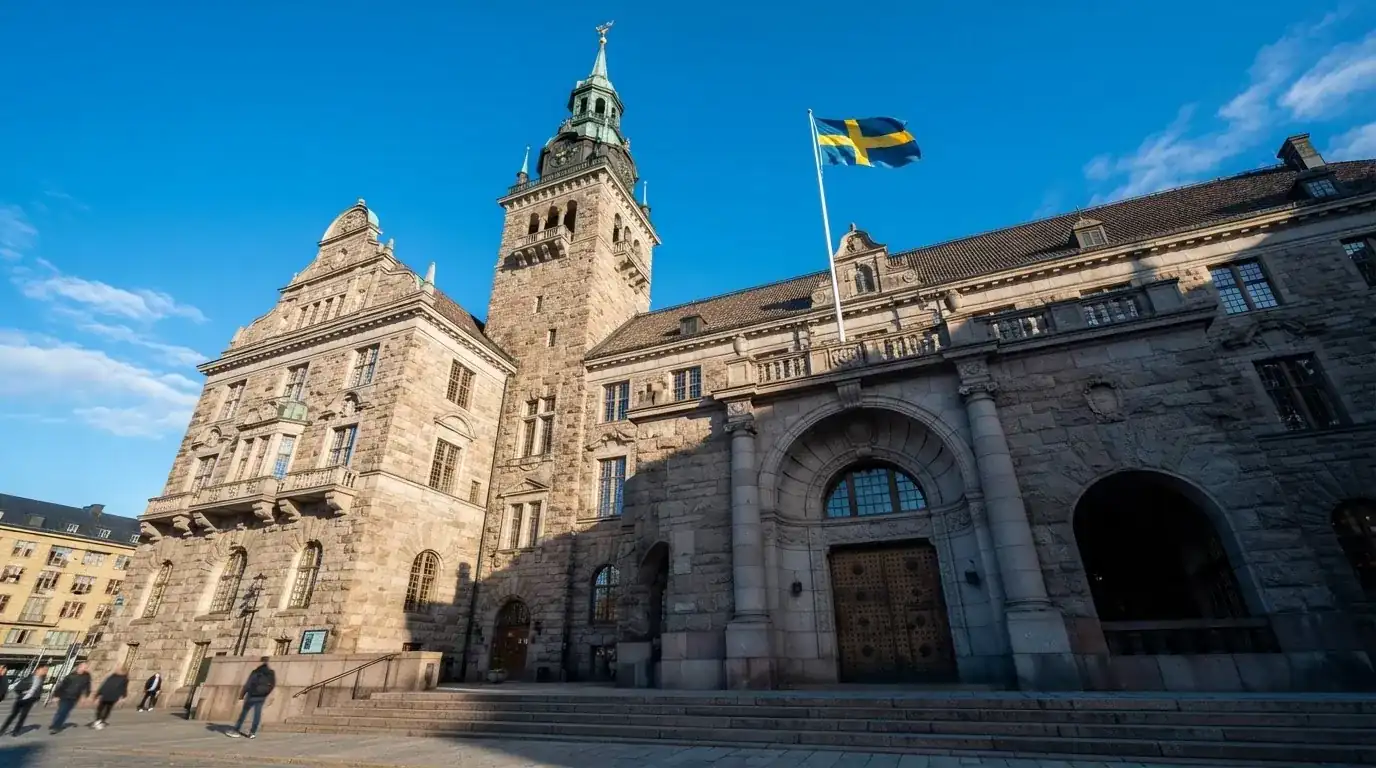 Ett gammalt stadshus i sten fotograferat underifrån mot en klarblå himmel, med den svenska flaggan som fladdrar ovanför entrén.