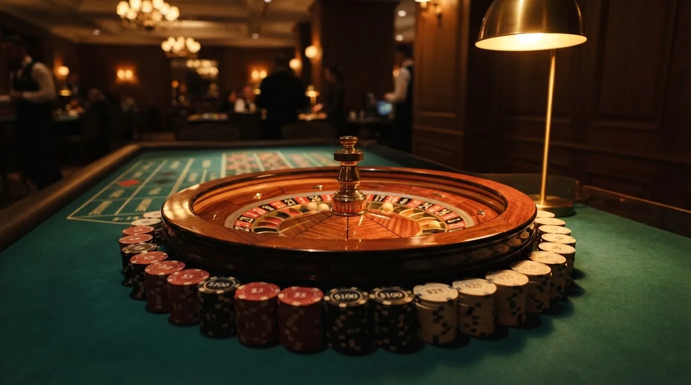Roulettehjul och spelmarker på grön filt i varmt kvällsljus — lightning roulette i sverige