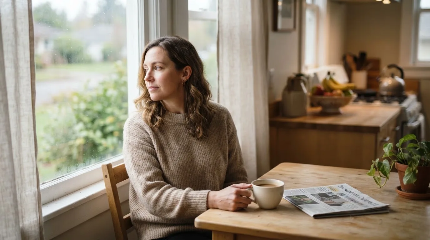En person sitter vid köksbordet med en kopp kaffe och tittar ut genom fönstret i mjukt morgonljus.