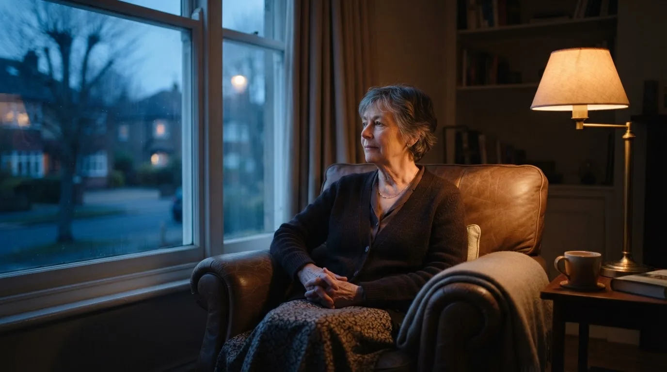 En person sitter ensam i en fåtölj med händerna knäppta och blicken riktad ut genom fönstret en lugn kväll.