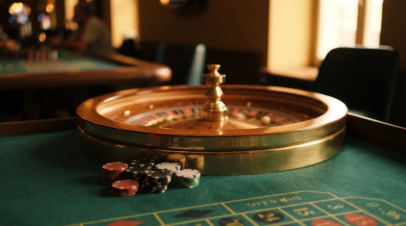 Roulettehjul och spelmarker på grön filt i varmt kvällsljus — svenska casinon med bitcoin