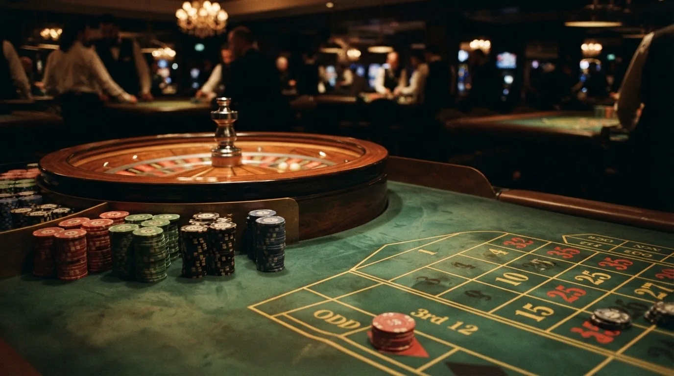 Roulettehjul och spelmarker på grön filt i varmt kvällsljus — svenska casinon med dogecoin