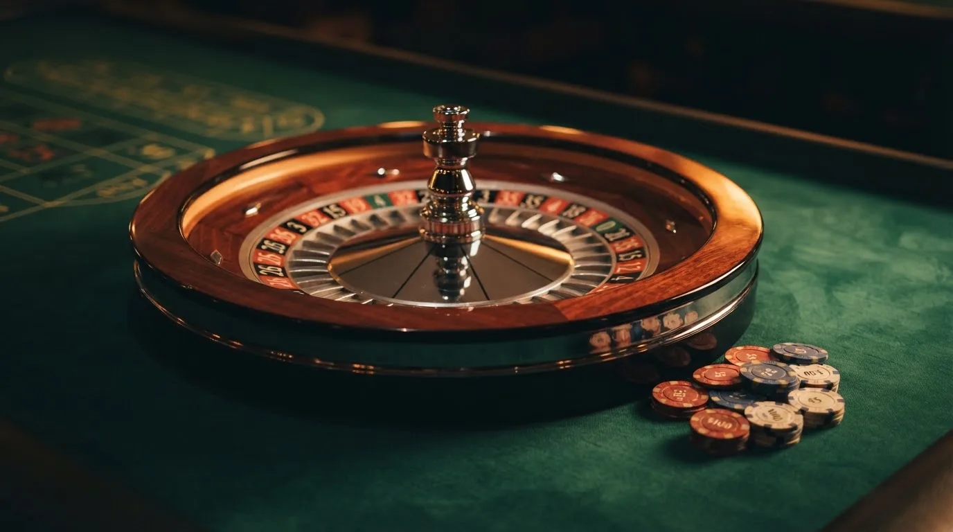 Roulettehjul och spelmarker på grön filt i varmt kvällsljus — svenska casinon på android