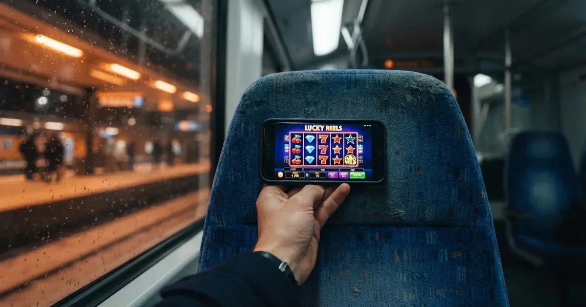 Mobiltelefon i handen på en pendeltåg i Stockholm en vinterkväll — svenska casinon på android